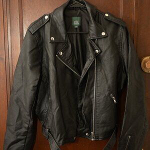 Black Faux Leather Belted Motorcycle Jacket